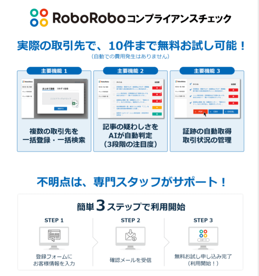 roboroboコンプライアンスチェック_知識のない方でもワンクリックで反社チェックを実施できます。